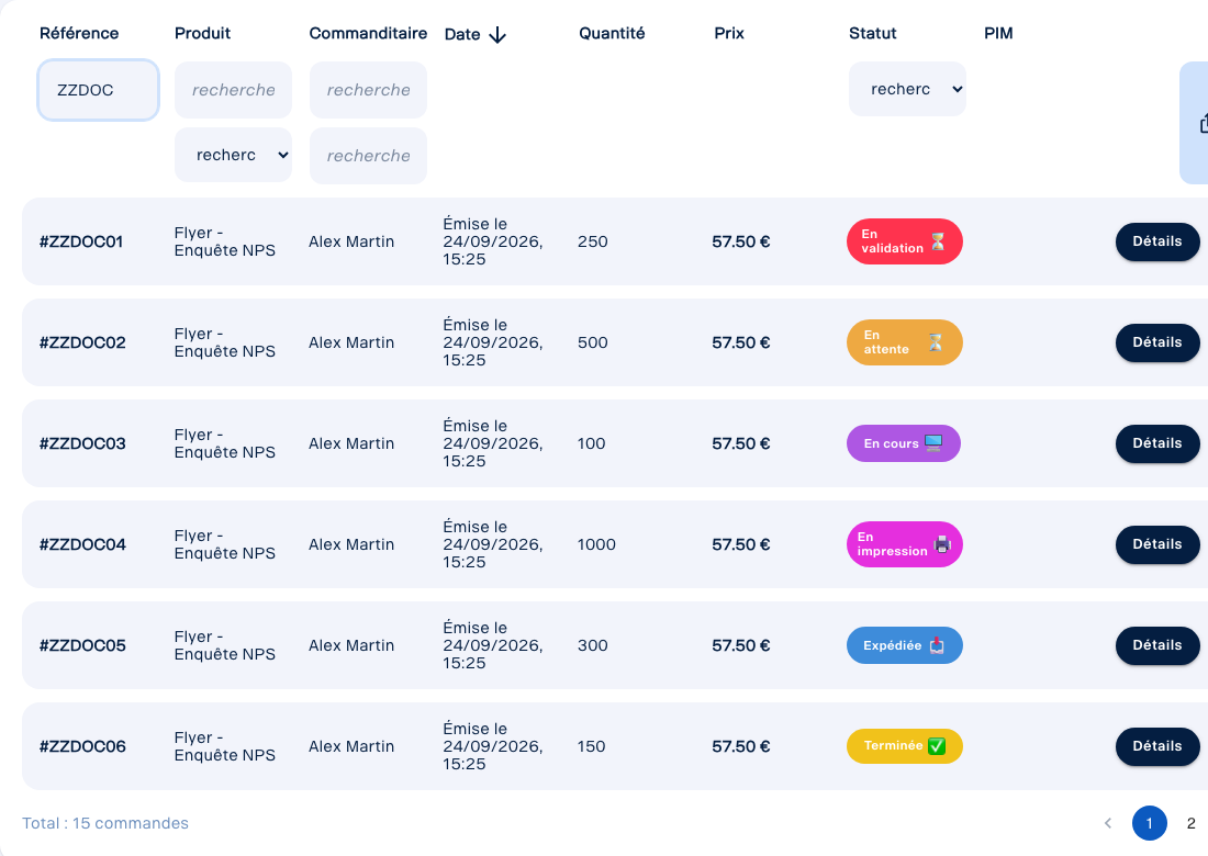 Liste Gestion des commandes avec plusieurs états